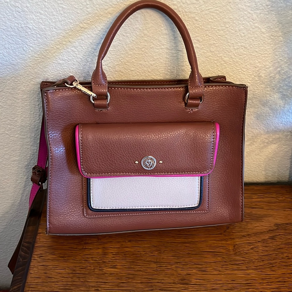 Anne Klein leather brown and pink Arianna satchel handbag with crossbody tail.